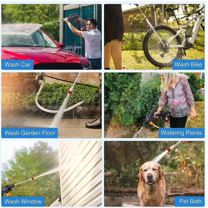 Cordless pressure washer being used to wash a car, bike, garden floor, plants, windows and give a pet a bath