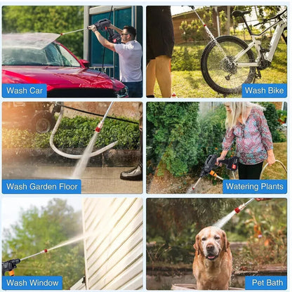 Cordless pressure washer being used to wash a car, bike, garden floor, plants, windows and give a pet a bath