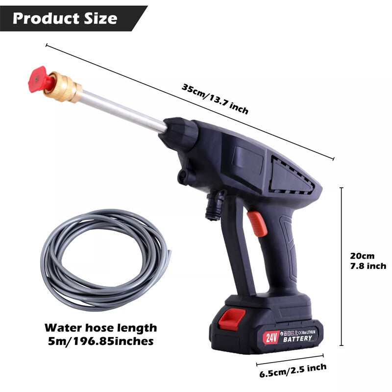 Pressure washer dimensions: 35cm length, 20cm height, with 5m water hose