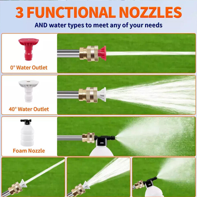 Three interchangeable spray nozzles - 0 degree jet, 40 degree fan and foam cannon nozzle