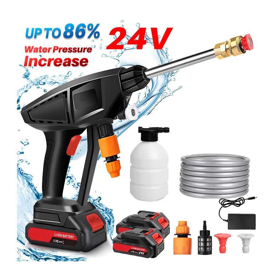 24V cordless pressure washer full kit with battery, hose, foam bottle and nozzle attachments