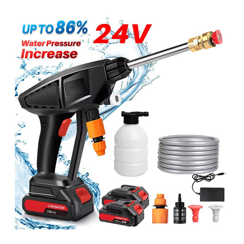 24V cordless pressure washer full kit with battery, hose, foam bottle and nozzle attachments